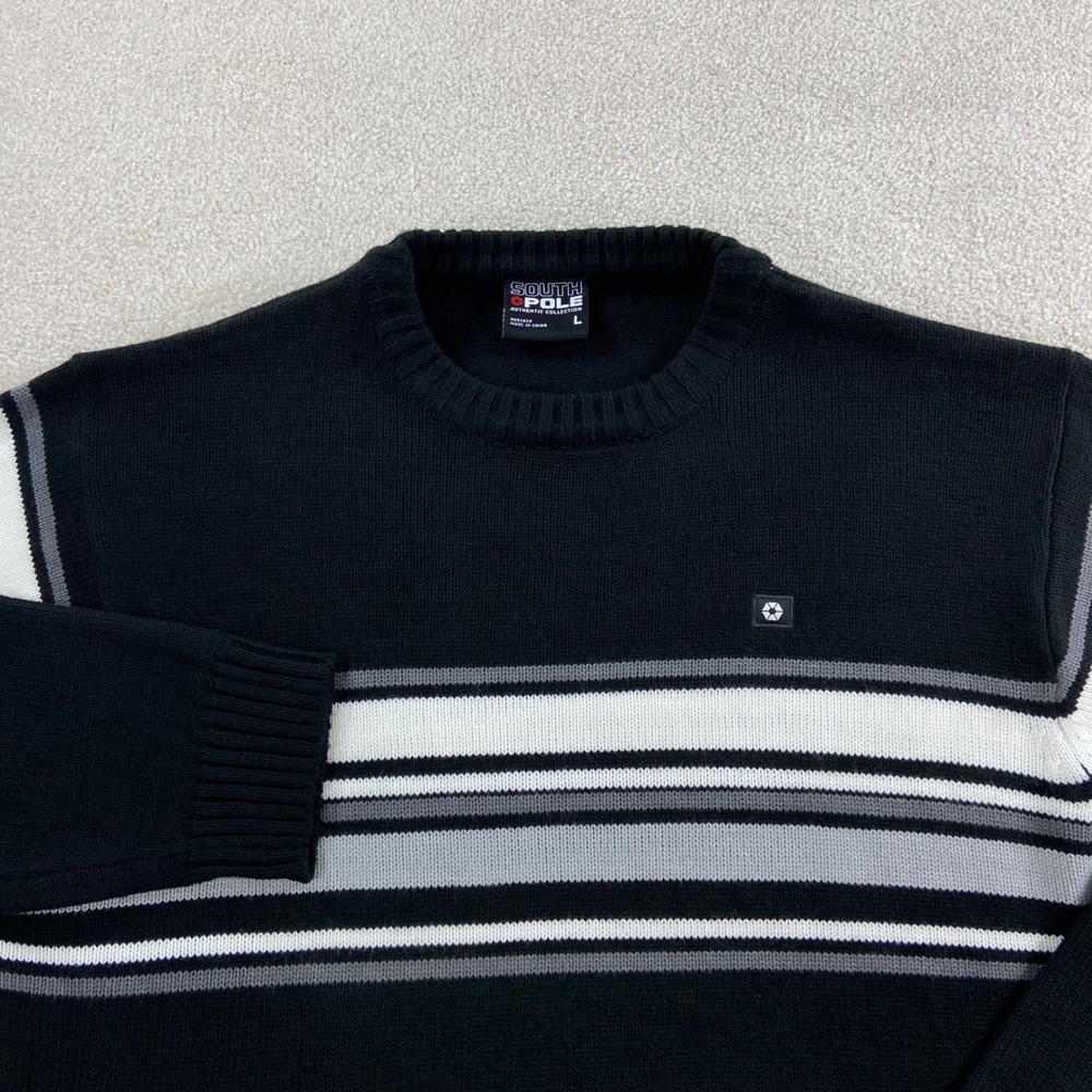 Vtg Y2K Southpole Sweater Mens Large Black White Grey Striped Crewneck Knit
